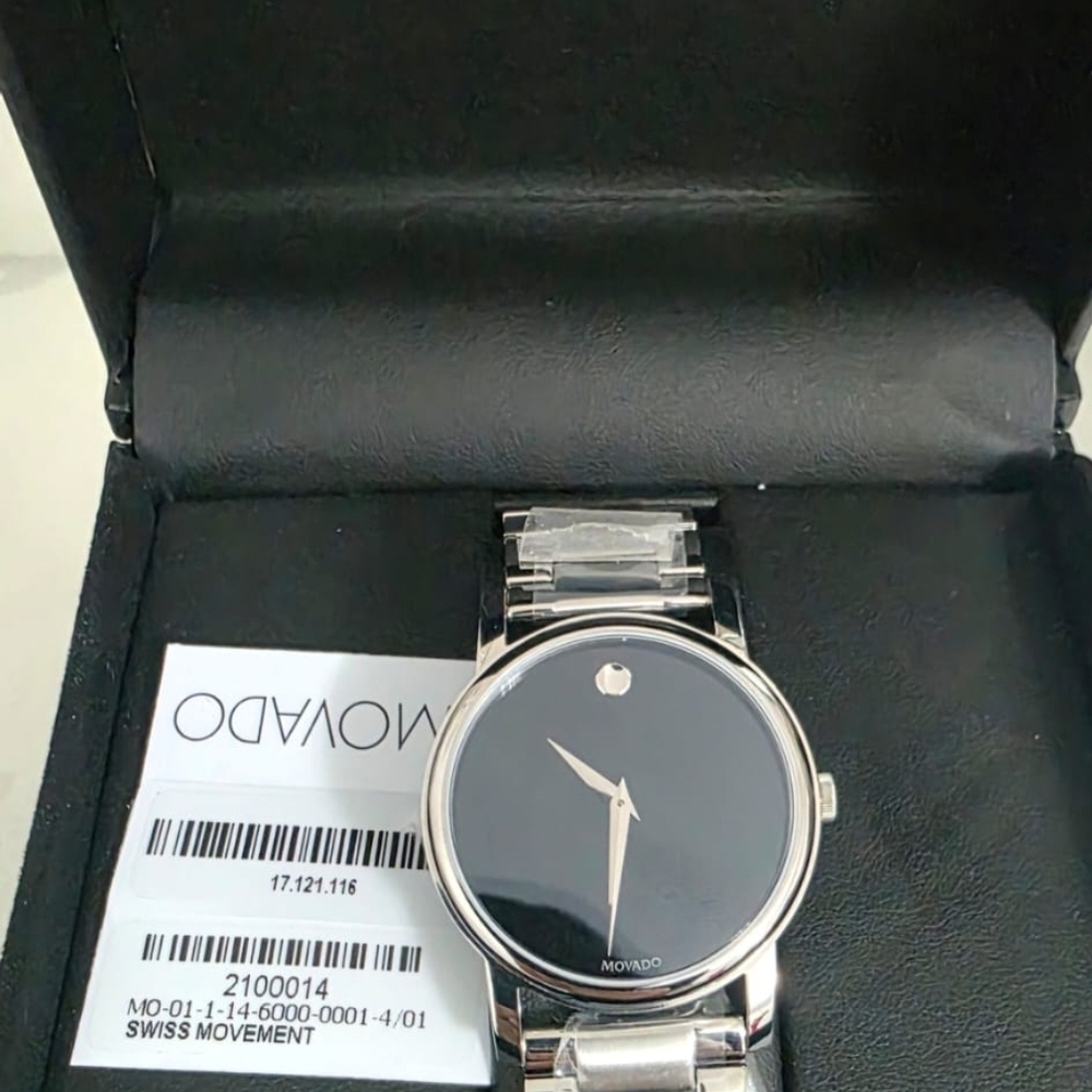 Movado Black Dial Silver Band Watch